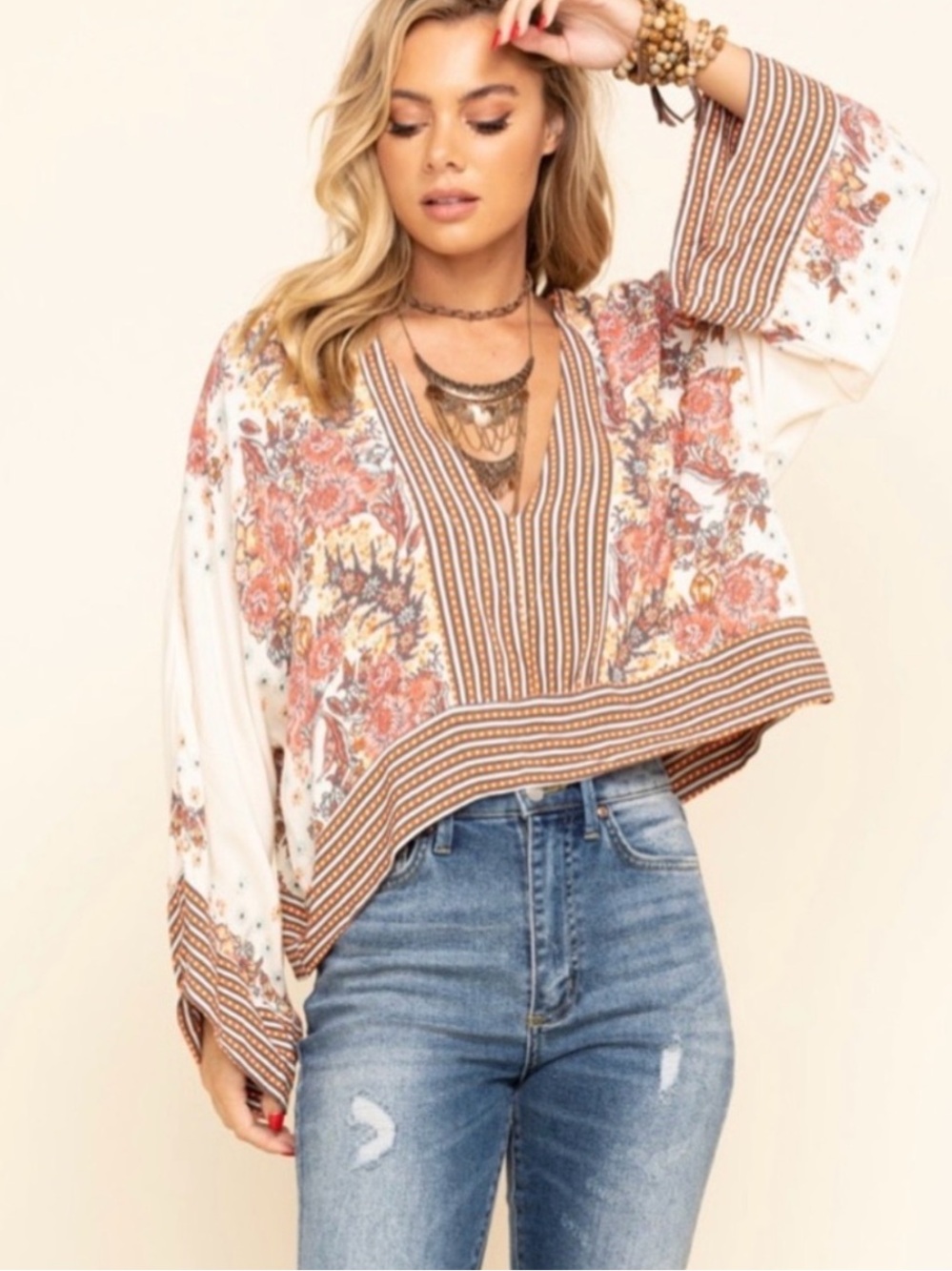 Free People Cream Floral V-Neck Boho Tunic with Rust Accents